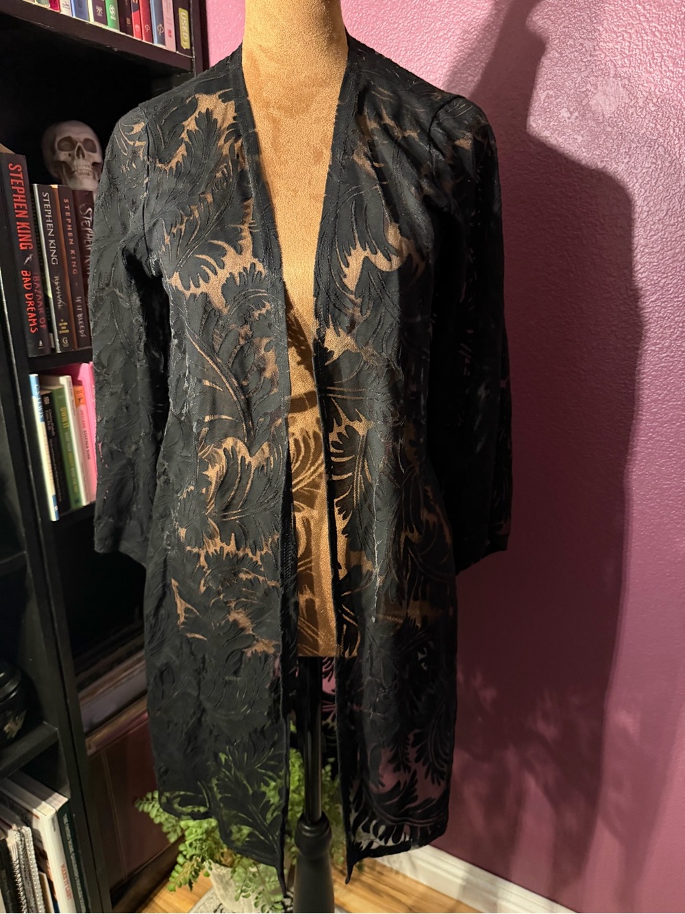 Siren Lily witchy long sheer black cardi with floral design- size Small